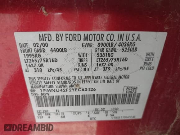 ✅ 2000 Ford Excursion Limited • VIN: 1FMNU42F2YEC63426 • Лот: 43176896. Опубликован ранее на IAAI с пробегом 344 036 миль. Бесплатный доступ к архиву аукционных продаж из США и подробный отчёт об истории автомобиля на DreamBid. Изображение 9.