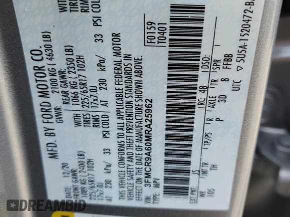 ✅ 2021 Ford Bronco Sport • VIN: 3FMCR9A60MRA25962 • Lot: 63458345. Listed on Copart with 45,010 mi. Free auction sales archive from the USA and detailed vehicle history report at DreamBid. Image 12.