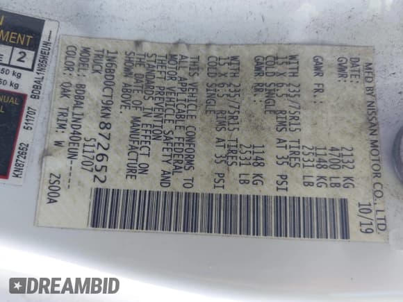 ✅ 2019 Nissan Frontier S • VIN: 1N6BD0CT9KN872652 • Lot: 43777016. Listed on IAAI with 42,658 mi. Free auction sales archive from the USA and detailed vehicle history report at DreamBid. Image 9.