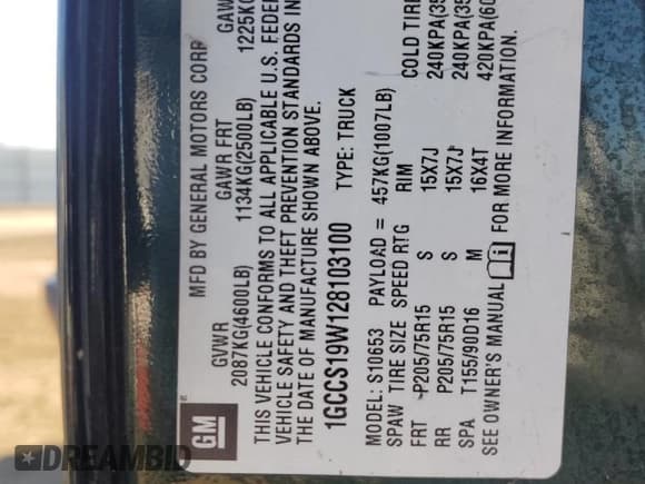 ✅ 2002 Chevrolet S-10 LS • VIN: 1GCCS19W128103100 • Лот: 82468804. Опубликован ранее на Copart с пробегом 95 878 миль. Бесплатный доступ к архиву аукционных продаж из США и подробный отчёт об истории автомобиля на DreamBid. Изображение 12.