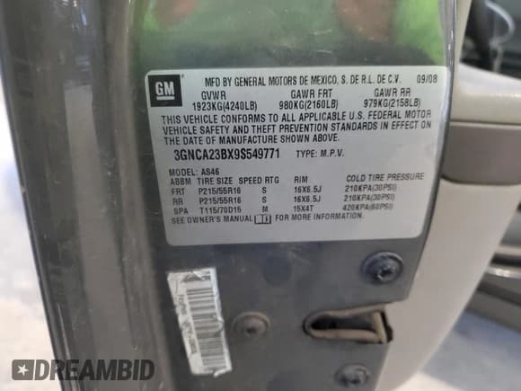 ✅ 2009 Chevrolet HHR 1LT • VIN: 3GNCA23BX9S549771 • Lot: 88365205. Listed on Copart with 169,698 mi. Free auction sales archive from the USA and detailed vehicle history report at DreamBid. Image 13.