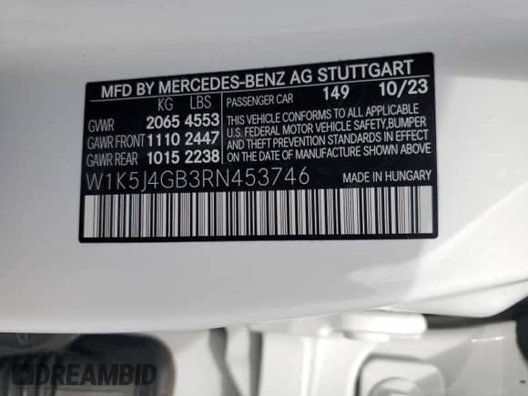 2024 Mercedes-Benz CLA 250 с VIN W1K5J4GB3RN453746, выставлен на аукционе Copart как лот 46155625 с пробегом 12 750 миль миль и Списание • Salvage title. История ставок и продаж доступна на DreamBid. Изображение 13.
