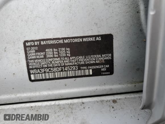 ✅ 2013 BMW 3 Series ActiveHybrid 3 • VIN: WBA3F9C58DF145293 • Lot: 83856515. Listed on Copart with 143,496 mi. Free auction sales archive from the USA and detailed vehicle history report at DreamBid. Image 12.