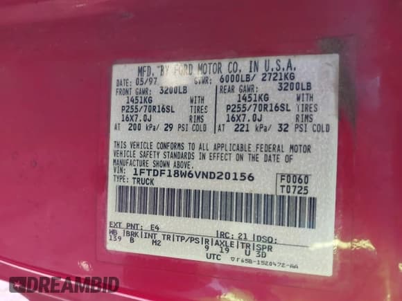 ✅ 1997 Ford F-150 • VIN: 1FTDF18W6VND20156 • Lot: 41295852. Wystawiony na IAAI z przebiegiem 193 871 mil. Bezpłatny archiwum sprzedaży aukcyjnych z USA i szczegółowy raport historii pojazdu na DreamBid. Zdjęcie 9.