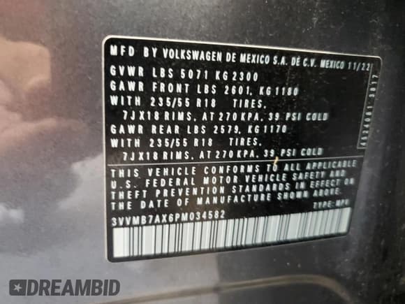 ✅ 2023 Volkswagen Tiguan SE • VIN: 3VVMB7AX6PM034582 • Lot: 81327125. Wystawiony na Copart z przebiegiem 22 563 mil. Bezpłatny archiwum sprzedaży aukcyjnych z USA i szczegółowy raport historii pojazdu na DreamBid. Zdjęcie 14.