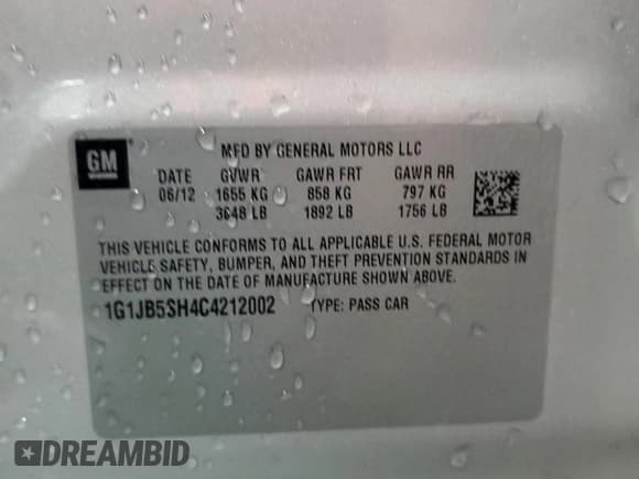 ✅ 2012 Chevrolet Sonic LS • VIN: 1G1JB5SH4C4212002 • Lot: 54702965. Listed on Copart with 96,388 mi. Free auction sales archive from the USA and detailed vehicle history report at DreamBid. Image 12.