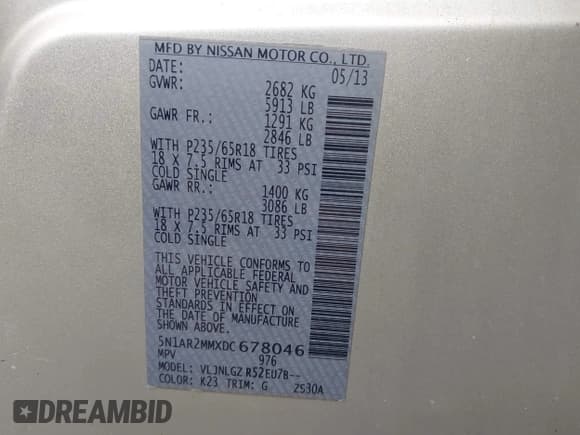 ✅ 2013 Nissan Pathfinder SV • VIN: 5N1AR2MMXDC678046 • Lot: 42890708. Listed on IAAI with 155,148 mi. Free auction sales archive from the USA and detailed vehicle history report at DreamBid. Image 9.
