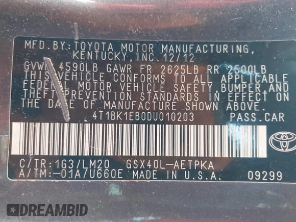 ✅ 2013 Toyota Avalon XLE • VIN: 4T1BK1EB0DU010203 • Lot: 43429717. Listed on IAAI with 127,779 mi. Free auction sales archive from the USA and detailed vehicle history report at DreamBid. Image 9.