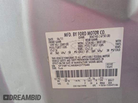 ✅ 2011 Ford F-150 XL • VIN: 1FTMF1CM0BKD77049 • Lot: 91425315. Wystawiony na Copart z przebiegiem 72 050 mil. Bezpłatny archiwum sprzedaży aukcyjnych z USA i szczegółowy raport historii pojazdu na DreamBid. Zdjęcie 12.