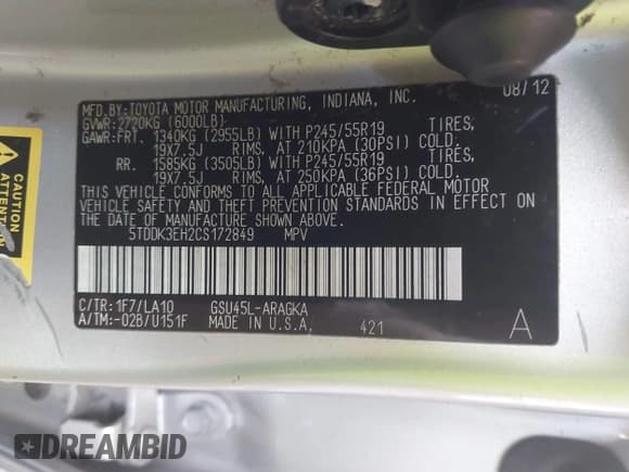 ✅ 2012 Toyota Highlander Limited • VIN: 5TDDK3EH2CS172849 • Lot: 42732261. Listed on IAAI with 15,830 mi. Free auction sales archive from the USA and detailed vehicle history report at DreamBid. Image 9.