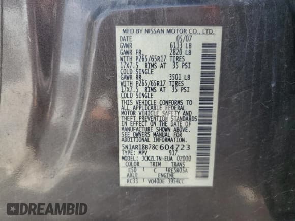 ✅ 2008 Nissan Pathfinder SE • VIN: 5N1AR18B78C604723 • Lot: 70029635. Listed on Copart with 207,099 mi. Free auction sales archive from the USA and detailed vehicle history report at DreamBid. Image 14.