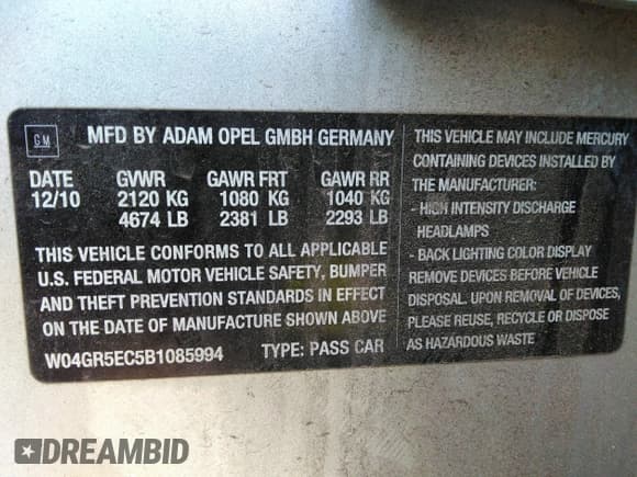 ✅ 2011 Buick Regal CXL RL3 • VIN: W04GR5EC5B1085994 • Lot: 41193512. Wystawiony na IAAI z przebiegiem 19 727 mil. Bezpłatny archiwum sprzedaży aukcyjnych z USA i szczegółowy raport historii pojazdu na DreamBid. Zdjęcie 9.