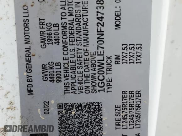 ✅ 2022 Chevrolet Silverado 2500HD Work Truck • VIN: 1GC0WLE70NF247383 • Lot: 45343125. Listed on Copart with 73,428 mi. Free auction sales archive from the USA and detailed vehicle history report at DreamBid. Image 13.