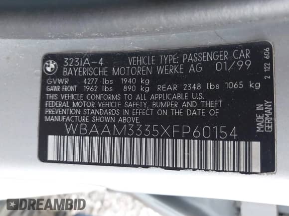 1999 BMW 3 Series 323i с VIN WBAAM3335XFP60154, выставлен на аукционе IAAI как лот 41593866 с пробегом 189 367 миль миль и . История ставок и продаж доступна на DreamBid. Изображение 9.