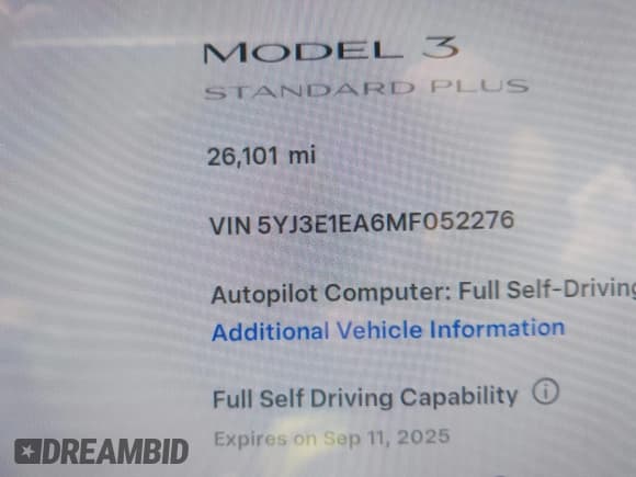 ✅ 2021 Tesla Model 3 Standard Range Plus • VIN: 5YJ3E1EA6MF052276 • Lot: 43164101. Listed on IAAI with 26,101 mi. Free auction sales archive from the USA and detailed vehicle history report at DreamBid. Image 15.