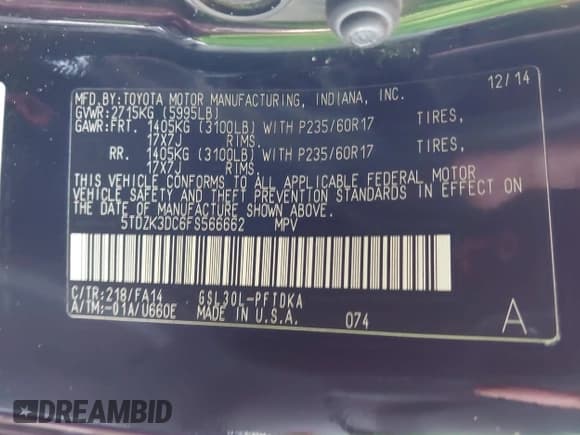 ✅ 2015 Toyota Sienna L • VIN: 5TDZK3DC6FS566662 • Lot: 43230834. Listed on IAAI with 215,151 mi. Free auction sales archive from the USA and detailed vehicle history report at DreamBid. Image 9.