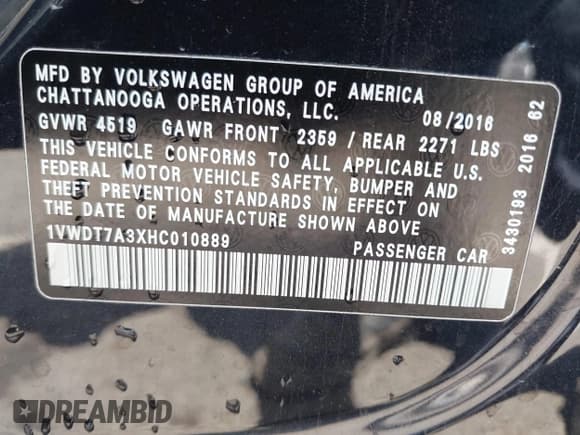 ✅ 2017 Volkswagen Passat R-Line • VIN: 1VWDT7A3XHC010889 • Lot: 42795091. Listed on IAAI with Not provided. Free auction sales archive from the USA and detailed vehicle history report at DreamBid. Image 9.