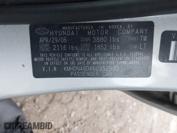✅ 2006 Hyundai Elantra GLS • VIN: KMHDN46DX6U352990 • Lot: 41927582. Wystawiony na IAAI z przebiegiem Nie podano. Bezpłatny archiwum sprzedaży aukcyjnych z USA i szczegółowy raport historii pojazdu na DreamBid. Zdjęcie 9.