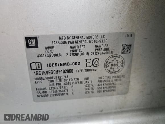 ✅ 2017 Chevrolet Silverado 2500HD LT • VIN: 1GC1KVEG0HF102960 • Lot: 43555205. Listed on Copart with Not provided. Free auction sales archive from the USA and detailed vehicle history report at DreamBid. Image 12.