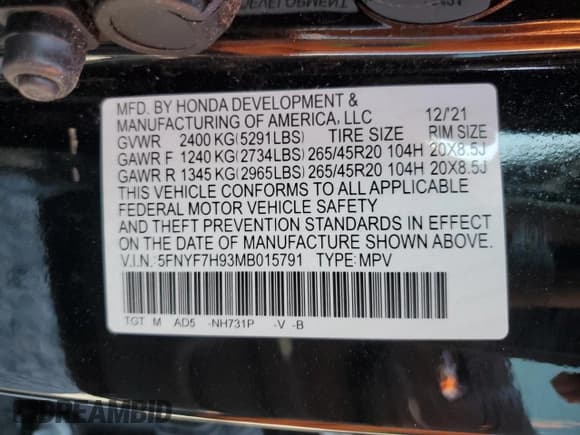 ✅ 2021 Honda Passport Touring • VIN: 5FNYF7H93MB015791 • Lot: 93383465. Listed on Copart with Not provided. Free auction sales archive from the USA and detailed vehicle history report at DreamBid. Image 12.
