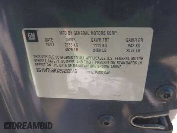 2008 Chevrolet Impala LT z VIN 2G1WT58KX89232846, wystawiony jako IAAI lot #43375805 z przebiegiem 171 174 mil mil oraz . Historia ofert i sprzedaży dostępna na DreamBid. Obrazek 9.