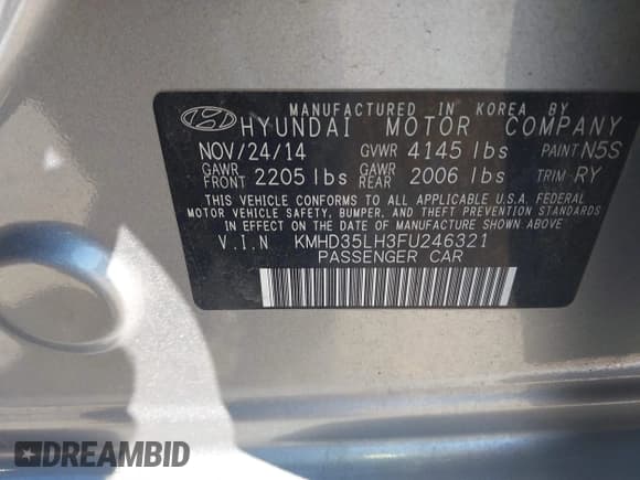 ✅ 2015 Hyundai Elantra • VIN: KMHD35LH3FU246321 • Lot: 43491658. Wystawiony na IAAI z przebiegiem 78 519 mil. Bezpłatny archiwum sprzedaży aukcyjnych z USA i szczegółowy raport historii pojazdu na DreamBid. Zdjęcie 9.