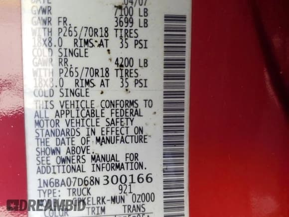 ✅ 2008 Nissan Titan XE • VIN: 1N6BA07D68N300166 • Lot: 66099805. Wystawiony na Copart z przebiegiem 243 997 mil. Bezpłatny archiwum sprzedaży aukcyjnych z USA i szczegółowy raport historii pojazdu na DreamBid. Zdjęcie 12.