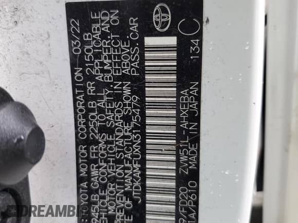 2022 Toyota Prius L Eco с VIN JTDKAMFUXN3175479, выставлен на аукционе Copart как лот 80868605 с пробегом Не указан миль и Списание • Salvage title. История ставок и продаж доступна на DreamBid. Изображение 12.