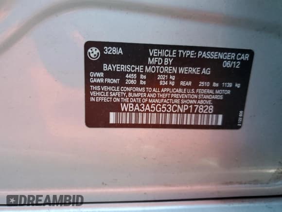 ✅ 2012 BMW 3 Series 328i • VIN: WBA3A5G53CNP17828 • Lot: 80922644. Listed on Copart with 145,716 mi. Free auction sales archive from the USA and detailed vehicle history report at DreamBid. Image 12.