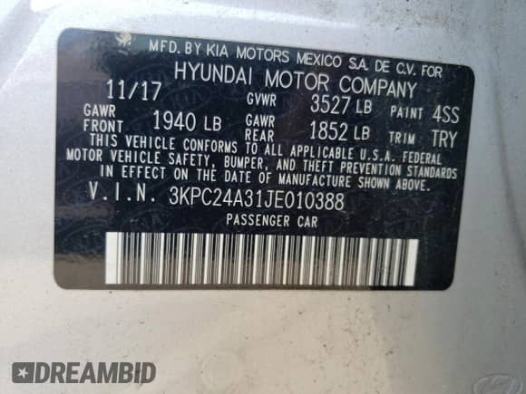 2018 Hyundai Accent SEL с VIN 3KPC24A31JE010388, выставлен на аукционе Copart как лот 66659233 с пробегом 88 393 миль миль и . История ставок и продаж доступна на DreamBid. Изображение 12.