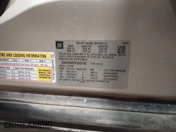 ✅ 2015 GMC Acadia SLT • VIN: 1GKKVSKD1FJ301342 • Lot: 43566026. Listed on IAAI with 103,023 mi. Free auction sales archive from the USA and detailed vehicle history report at DreamBid. Image 9.