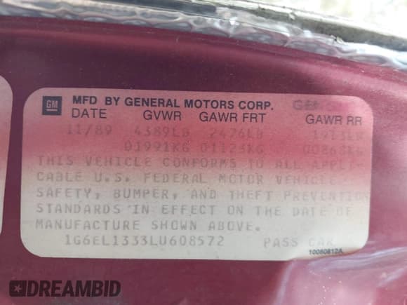 ✅ 1990 Cadillac Eldorado • VIN: 1G6EL1333LU608572 • Lot: 42191060. Listed on IAAI with 105,433 mi. Free auction sales archive from the USA and detailed vehicle history report at DreamBid. Image 9.