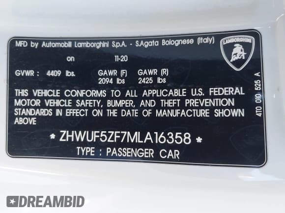 ✅ 2021 Lamborghini Huracan • VIN: ZHWUF5ZF7MLA16358 • Lot: 41407639. Listed on IAAI with 20,980 mi. Free auction sales archive from the USA and detailed vehicle history report at DreamBid. Image 9.