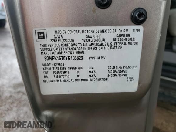 ✅ 2000 Chevrolet Suburban LS • VIN: 3GNFK16T6YG103823 • Лот: 60169645. Опубликован ранее на Copart с пробегом 144 135 миль. Бесплатный доступ к архиву аукционных продаж из США и подробный отчёт об истории автомобиля на DreamBid. Изображение 12.