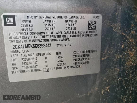 ✅ 2012 GMC Terrain SLE-1 • VIN: 2GKALMEK6C6358443 • Lot: 96412675. Listed on Copart with 147,680 mi. Free auction sales archive from the USA and detailed vehicle history report at DreamBid. Image 13.