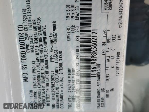 ✅ 2019 Lincoln Continental Reserve • VIN: 1LN6L9RP8K5602121 • Lot: 58120285. Listed on Copart with 85,348 mi. Free auction sales archive from the USA and detailed vehicle history report at DreamBid. Image 12.