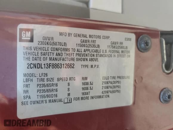 ✅ 2008 Chevrolet Equinox LS • VIN: 2CNDL13F886312662 • Лот: 59698265. Опубликован ранее на Copart с пробегом 139 385 миль. Бесплатный доступ к архиву аукционных продаж из США и подробный отчёт об истории автомобиля на DreamBid. Изображение 12.