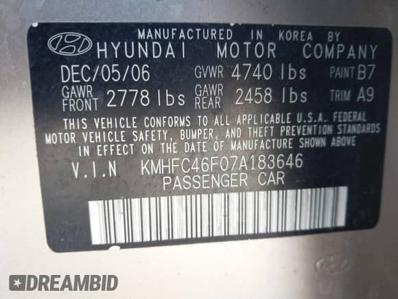 2007 Hyundai Azera SE with VIN KMHFC46F07A183646, listed as a IAAI auction lot 41705832 with 67,230 mi miles and . Bid and sale history available at DreamBid. Image 9.