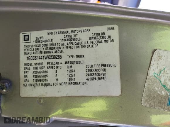 ✅ 1998 Chevrolet S-10 • VIN: 1GCCS1441WK230265 • Lot: 43668946. Wystawiony na IAAI z przebiegiem 170 162 mil. Bezpłatny archiwum sprzedaży aukcyjnych z USA i szczegółowy raport historii pojazdu na DreamBid. Zdjęcie 9.