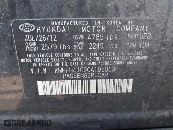 ✅ 2012 Hyundai Azera • VIN: KMHFH4JG9CA195063 • Lot: 43578936. Listed on IAAI with 167,928 mi. Free auction sales archive from the USA and detailed vehicle history report at DreamBid. Image 9.
