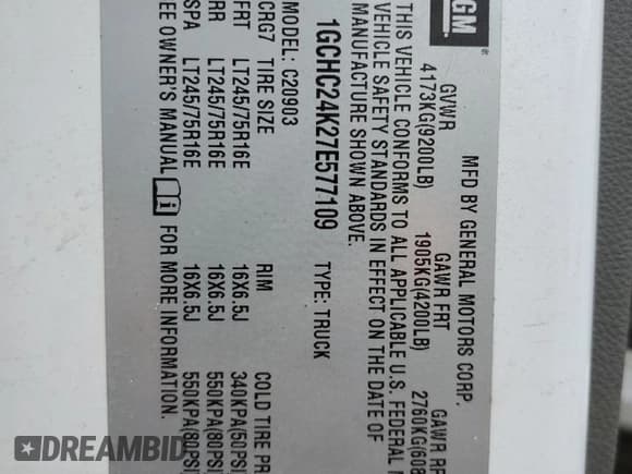 ✅ 2007 Chevrolet Silverado 2500HD Work Truck • VIN: 1GCHC24K27E577109 • Лот: 85469914. Опубликован ранее на Copart с пробегом 54 675 миль. Бесплатный доступ к архиву аукционных продаж из США и подробный отчёт об истории автомобиля на DreamBid. Изображение 13.