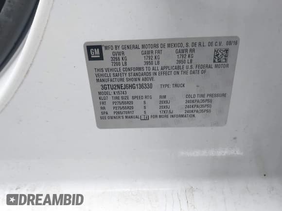 ✅ 2017 GMC Sierra 1500 SLT • VIN: 3GTU2NEJ6HG136330 • Lot: 41561827. Listed on IAAI with 161,820 mi. Free auction sales archive from the USA and detailed vehicle history report at DreamBid. Image 9.