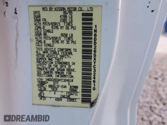 ✅ 2000 Nissan Frontier XE • VIN: 1N6DD26SXYC324610 • Lot: 91478575. Listed on Copart with 298,637 mi. Free auction sales archive from the USA and detailed vehicle history report at DreamBid. Image 12.