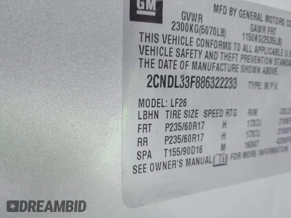 ✅ 2008 Chevrolet Equinox LT • VIN: 2CNDL33F886322233 • Лот: 41692504. Опубликован ранее на IAAI с пробегом 174 587 миль. Бесплатный доступ к архиву аукционных продаж из США и подробный отчёт об истории автомобиля на DreamBid. Изображение 9.