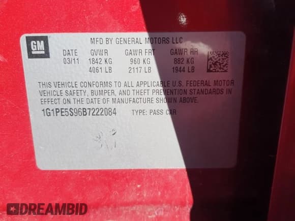 ✅ 2011 Chevrolet Cruze 1FL • VIN: 1G1PE5S96B7222084 • Lot: 86285955. Listed on Copart with 115,505 mi. Free auction sales archive from the USA and detailed vehicle history report at DreamBid. Image 12.