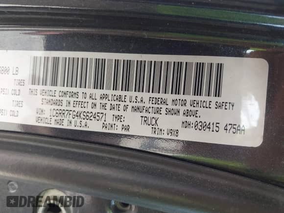 2019 Ram 1500 Tradesman with VIN 1C6RR7FG4KS624571, listed as a IAAI auction lot 42463369 with 53,065 mi miles and . Bid and sale history available at DreamBid. Image 9.