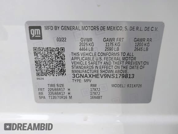 ✅ 2022 Chevrolet Equinox LS • VIN: 3GNAXHEV9NS179813 • Lot: 43681153. Listed on IAAI with 101,924 mi. Free auction sales archive from the USA and detailed vehicle history report at DreamBid. Image 9.