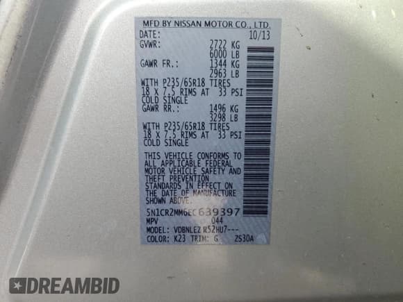 ✅ 2014 Nissan Pathfinder SV Hybrid • VIN: 5N1CR2MM6EC639397 • Lot: 90973375. Listed on Copart with 114,379 mi. Free auction sales archive from the USA and detailed vehicle history report at DreamBid. Image 13.