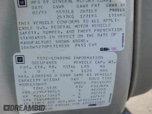 ✅ 1993 Cadillac Fleetwood • VIN: 1G6DW5270PR718938 • Lot: 93625525. Wystawiony na Copart z przebiegiem Nie podano. Bezpłatny archiwum sprzedaży aukcyjnych z USA i szczegółowy raport historii pojazdu na DreamBid. Zdjęcie 12.