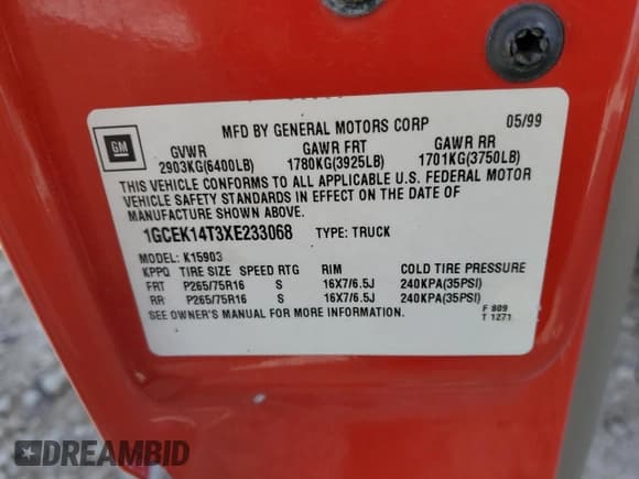 ✅ 1999 Chevrolet Silverado 1500 • VIN: 1GCEK14T3XE233068 • Лот: 76970374. Опубликован ранее на Copart с пробегом 169 443 миль. Бесплатный доступ к архиву аукционных продаж из США и подробный отчёт об истории автомобиля на DreamBid. Изображение 12.